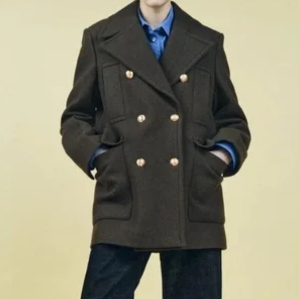 NWT Zara Wool Double-Breasted Pea Coat in Dark Olive Green Sz S - Picture 7 of 17